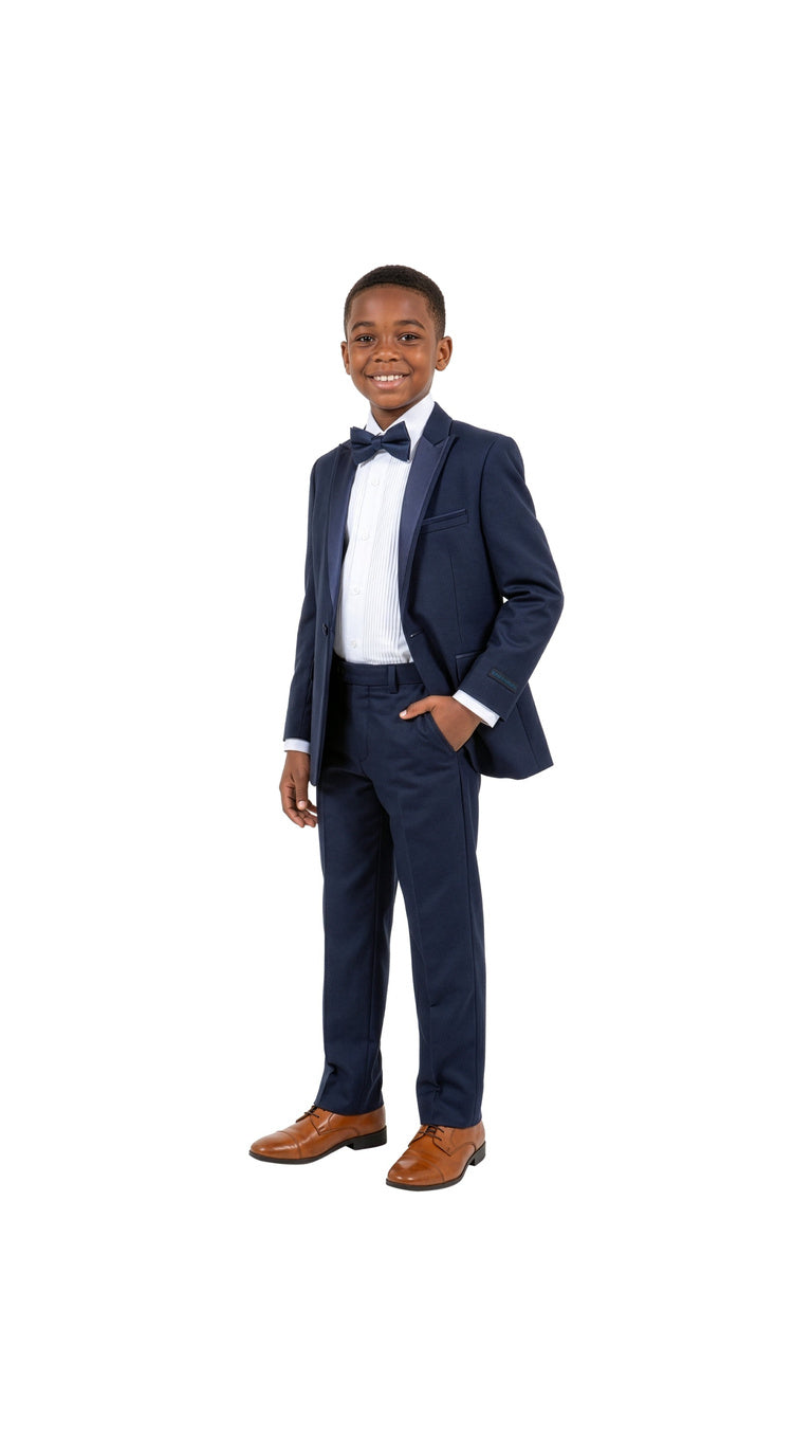 Boys' Modern Fit 4-Piece Tuxedo Set – Satin Peak Lapel with Trim