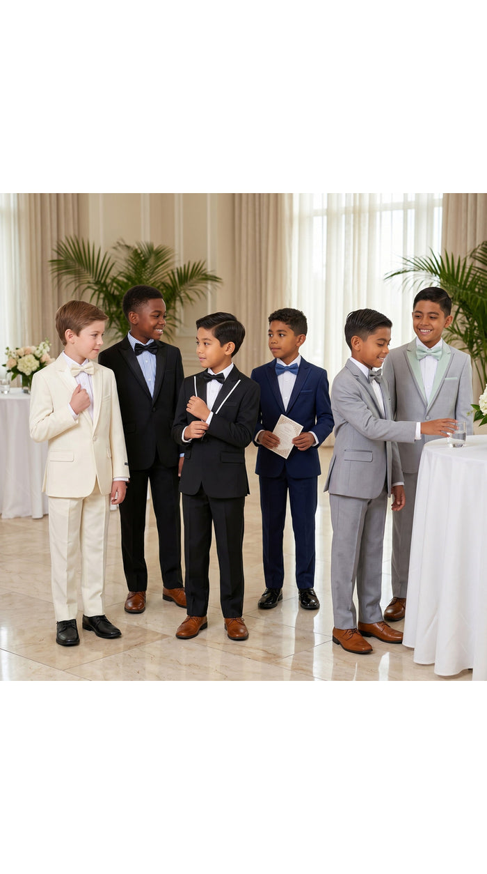 Boys' Modern Fit 4-Piece Tuxedo Set – Satin Peak Lapel with Trim