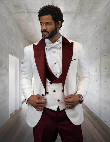 Statement Men's White with Burgundy Peak Lapels  Tuxedo with Bow Tie