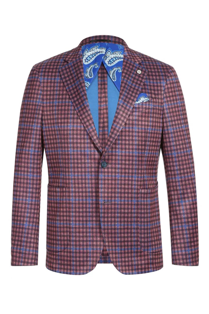 Saco vaquero - Western Sport Coat - Western Blazer - Mens Two Button Slim Fit Unconstructed Summer Cotton Blazer In Burgundy & Blue Windowpane Plaid