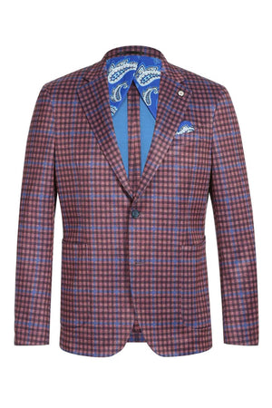 Saco vaquero - Western Sport Coat - Western Blazer - Mens Two Button Slim Fit Unconstructed Summer Cotton Blazer In Burgundy & Blue Windowpane Plaid