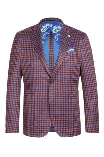 Saco vaquero - Western Sport Coat - Western Blazer - Mens Two Button Slim Fit Unconstructed Summer Cotton Blazer In Burgundy & Blue Windowpane Plaid