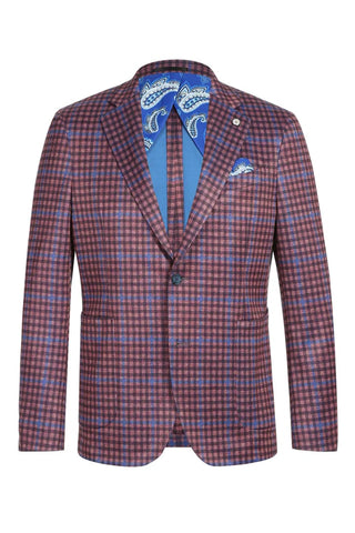 Saco vaquero - Western Sport Coat - Western Blazer - Mens Two Button Slim Fit Unconstructed Summer Cotton Blazer In Burgundy & Blue Windowpane Plaid
