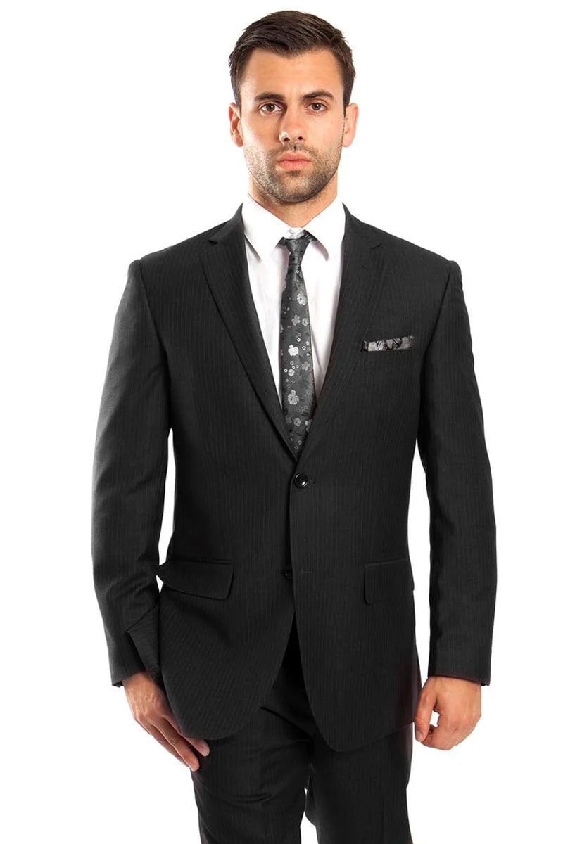 Men's Two Button Regular Fit Micro Pinstripe Business Suit in Black - Men's Tuxedo USA