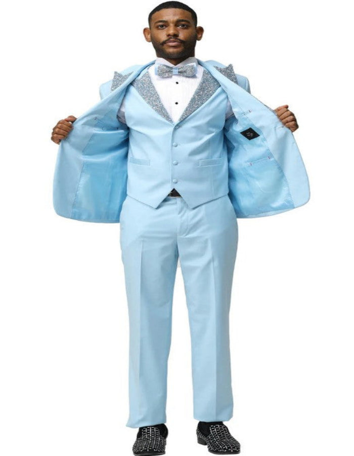 Men’s Baby Blue Prom Tuxedo Suit with Silver Rhinestone Sequin Lapel and Matching Vest