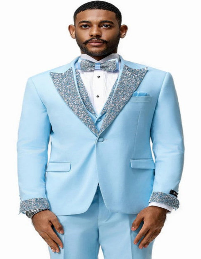 Men’s Baby Blue Prom Tuxedo Suit with Silver Rhinestone Sequin Lapel and Matching Vest