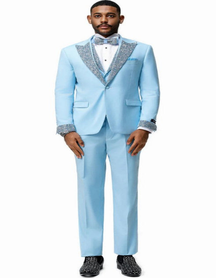 Men’s Baby Blue Prom Tuxedo Suit with Silver Rhinestone Sequin Lapel and Matching Vest