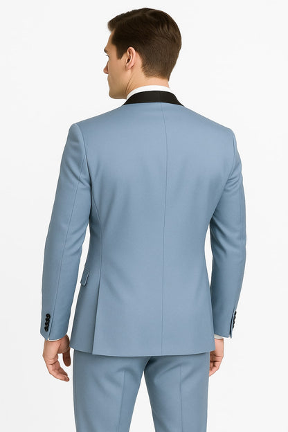 Sky Blue Tuxedo with Black Shawl Lapel Slim Fit Prom and Wedding Suit in Baby Blue Color - Light Blue