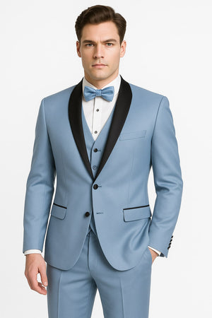 Sky Blue Tuxedo with Black Shawl Lapel Slim Fit Prom and Wedding Suit in Baby Blue Color - Light Blue
