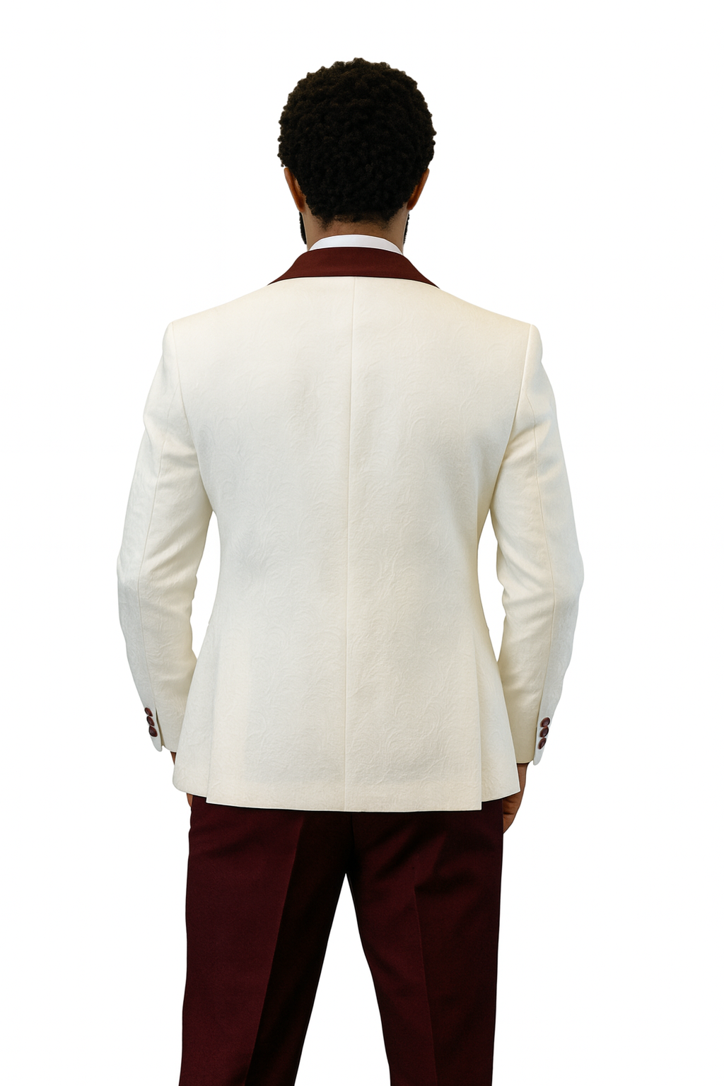 Hilton White & Burgundy Paisley Peak Lapel Tuxedo Jacket with Matching Shawl Vest & Wool Pants  Includes Bow Tie