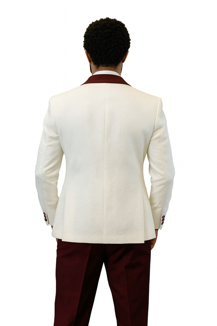 Hilton White & Burgundy Paisley Peak Lapel Tuxedo Jacket with Matching Shawl Vest & Wool Pants  Includes Bow Tie