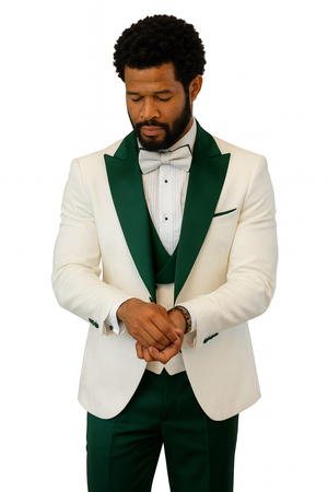 Hilton White and Hunter Green Paisley Peak Lapel Tuxedo Jacket with Matching Shawl Vest and Wool Pants  Includes Bow Tie