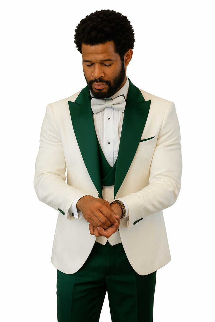 Hilton White and Hunter Green Paisley Peak Lapel Tuxedo Jacket with Matching Shawl Vest and Wool Pants  Includes Bow Tie