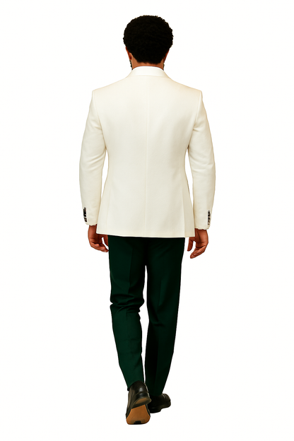 Hilton White and Black Paisley Peak Lapel Tuxedo Jacket with Matching Shawl Vest and Wool Pants  Includes Bow Tie