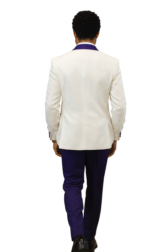 Hilton White and Purple Paisley Peak Lapel Tuxedo Jacket with Matching Shawl Vest and Wool Pants  Includes Bow Tie