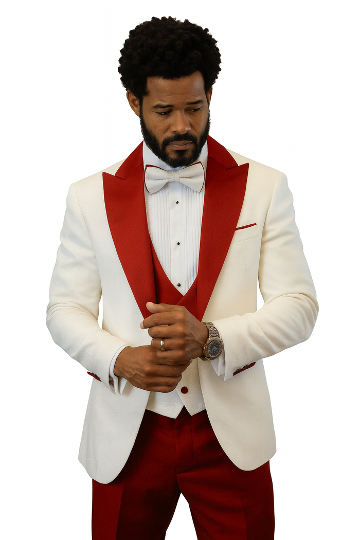 Hilton White and Red Paisley Peak Lapel Tuxedo Jacket with Matching Shawl Vest and Wool Pants  Includes Bow Tie