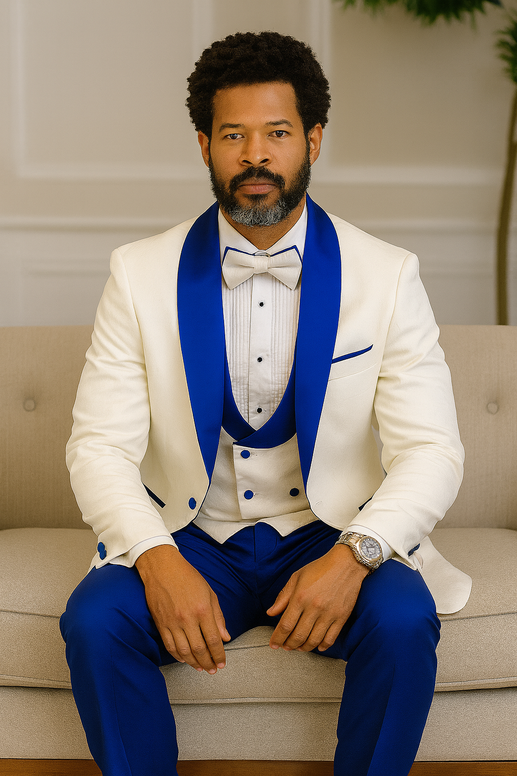 Hilton White and Royal Blue Paisley Peak Lapel Tuxedo Jacket with Matching Shawl Vest and Wool Pants  Includes Bow Tie