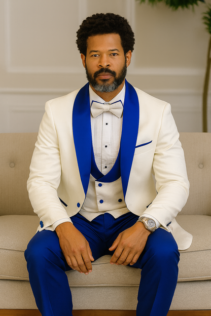 Hilton White and Royal Blue Paisley Peak Lapel Tuxedo Jacket with Matching Shawl Vest and Wool Pants  Includes Bow Tie