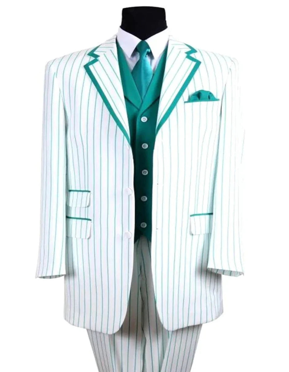 Mens 3 Button Vested Barbershop Quartet Suit In White With Turquoise Pinstripes - Men's Tuxedo USA