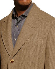 Mens Wool Carcoat - Beige Three Quarter Peak Lapel Topcoat - Men's Tuxedo USA