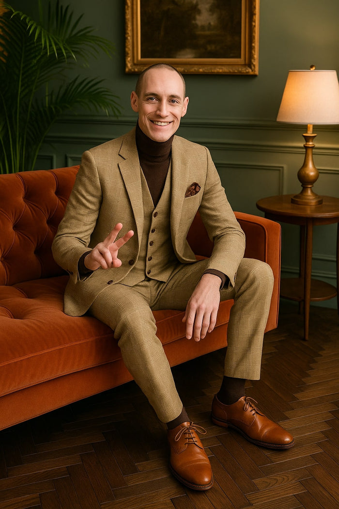 Mens Beige Plaid 3-Piece Suit  Classic Checkered Suit for Weddings, Church Vested Checkered Pattern