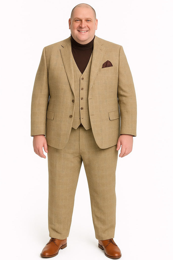Mens Beige Plaid 3-Piece Suit  Classic Checkered Suit for Weddings, Church Vested Checkered Pattern
