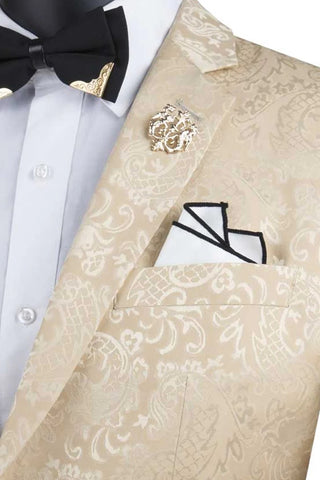 Men's Slim Fit Shiny Paisley Prom & Wedding Suit in Beige