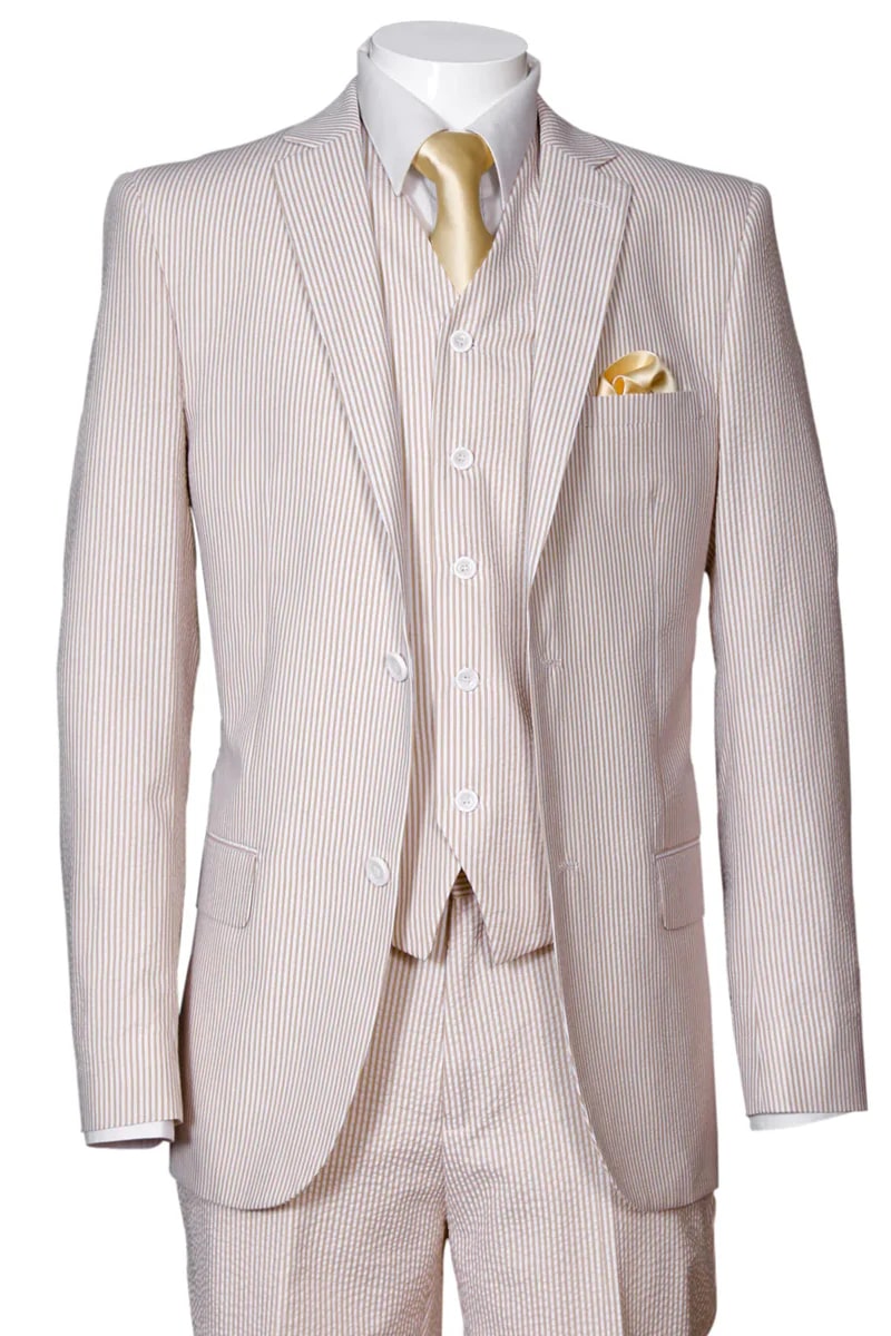 Mens 2 Button Vested Summer Seersucker Suit in Tan - Men's Tuxedo USA