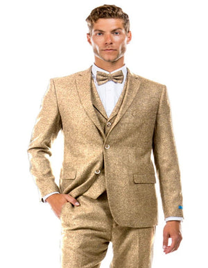 Tweed Suit" 1920s Vintage Looking Fabric Vested Suit - Beige Herringbone Fabric - Men's Tuxedo USA