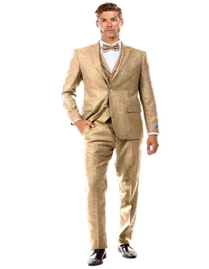 Tweed Suit" 1920s Vintage Looking Fabric Vested Suit - Beige Herringbone Fabric - Men's Tuxedo USA