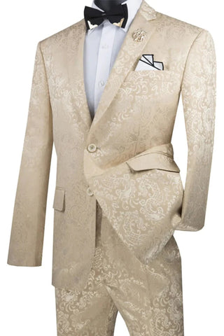 Men's Slim Fit Shiny Paisley Prom & Wedding Suit in Beige