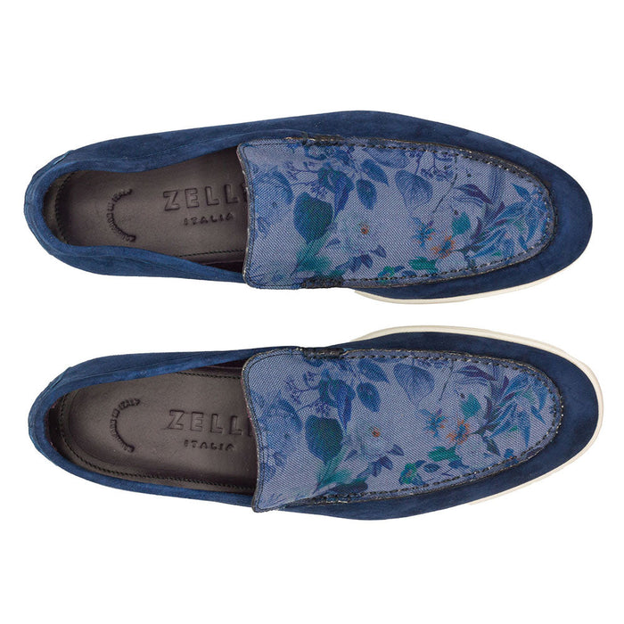 Zelli Bene Sueded Goatskin Loafer with Floral Fabric Vamp in Navy
