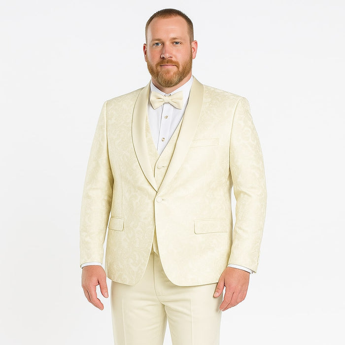 Big and Tall Ivory Floral Tuxedo  3-Piece Embroidered Suit with Shawl Lapel for Weddings, Proms in Color Cream