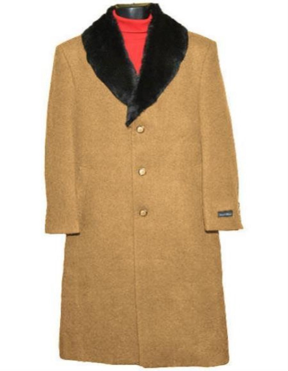 Mens Overcoat - Topcoat For Men - Winter Fabric - Fur Collar Big and Tall Large Man ~ Plus Size Camel Three Button Closure Long men's Dress Topcoat - Winter coat 4XL 5XL 6XL Overcoat - Men's Tuxedo USA