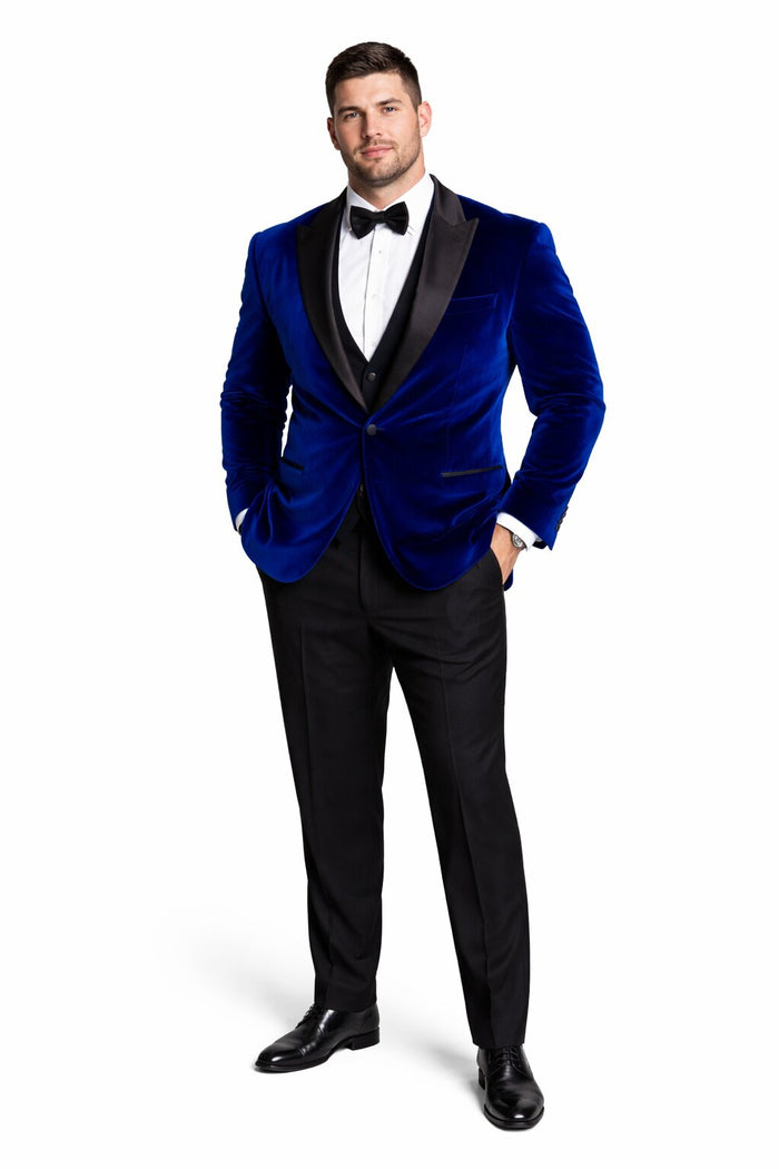 Men's Designer Velvet Tuxedo Dinner Jacket in Dark Royal Blue Big and Tall Prom Tuxedos