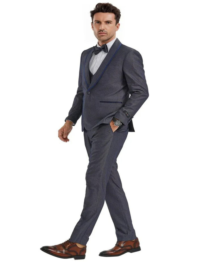 Blue Wedding Tuxedo - Men's One Button Vested Shawl Grey Birdseye Blue Trim Tuxedo