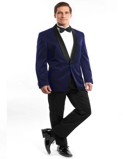 Blue Wedding Tuxedo - Men's Slim Fit Shawl Navy Blue Satin Birdseye Tuxedo