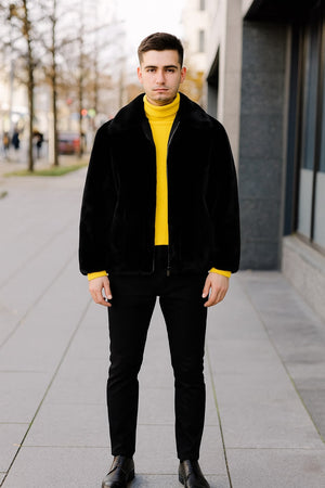 Mens Black Faux Fur Jacket  Luxury Winter Zip-Up Coat with Soft Plush Finish