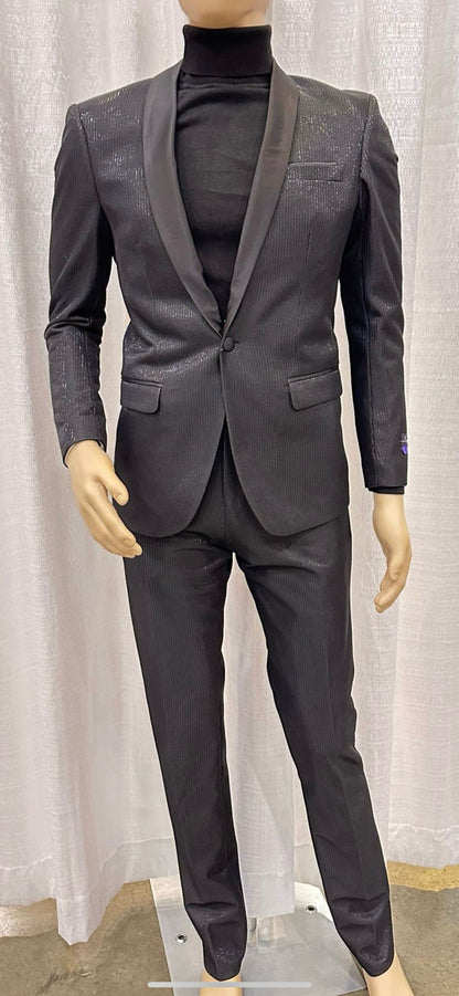 Mens Black Glitter Stripe Tuxedo with Satin Shawl Lapel  Slim Fit Formal Party Suit