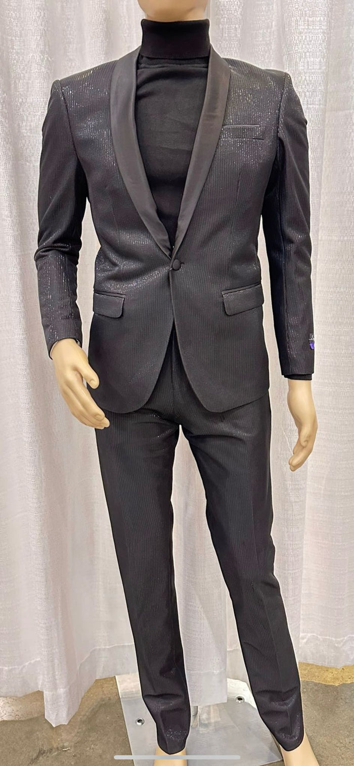 Mens Black Glitter Stripe Tuxedo with Satin Shawl Lapel  Slim Fit Formal Party Suit