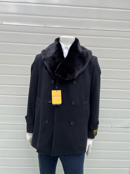 Mens Black Peacoat Wool Overcoat with Faux Fur Shawl Collar  Double-Breasted Winter Peacoat