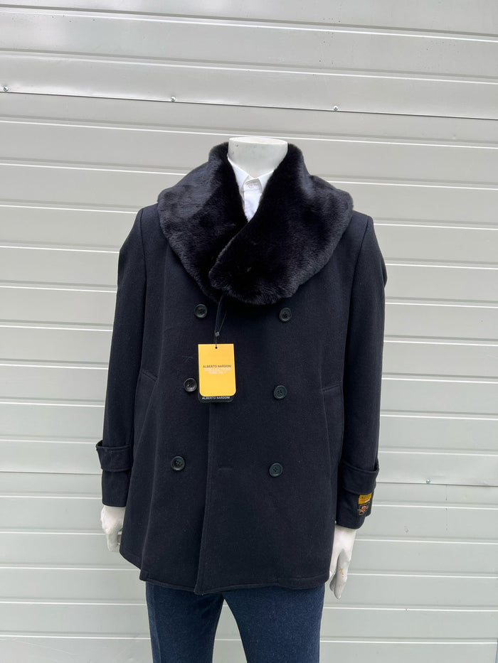 Mens Black Peacoat Wool Overcoat with Faux Fur Shawl Collar  Double-Breasted Winter Peacoat