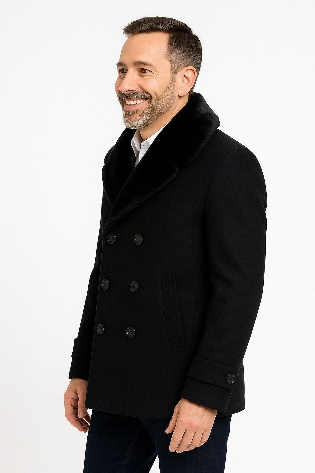 Mens Black Peacoat Wool Overcoat with Faux Fur Shawl Collar  Double-Breasted Winter Peacoat