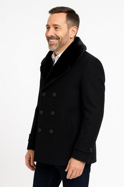 Mens Black Peacoat Wool Overcoat with Faux Fur Shawl Collar  Double-Breasted Winter Peacoat