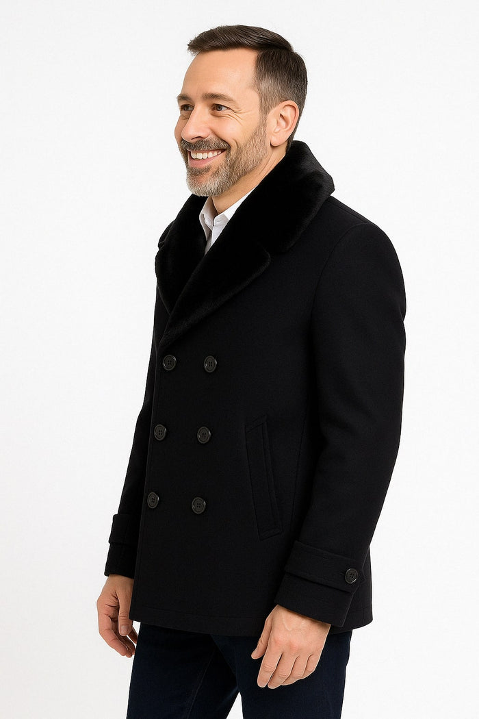 Mens Black Peacoat Wool Overcoat with Faux Fur Shawl Collar  Double-Breasted Winter Peacoat