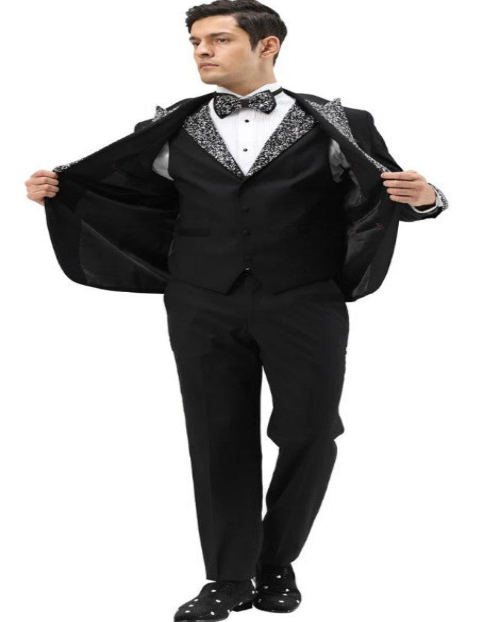 Black Prom Tuxedo - Perfect Wedding Suit Vested Rhinestone sequin Lapelled