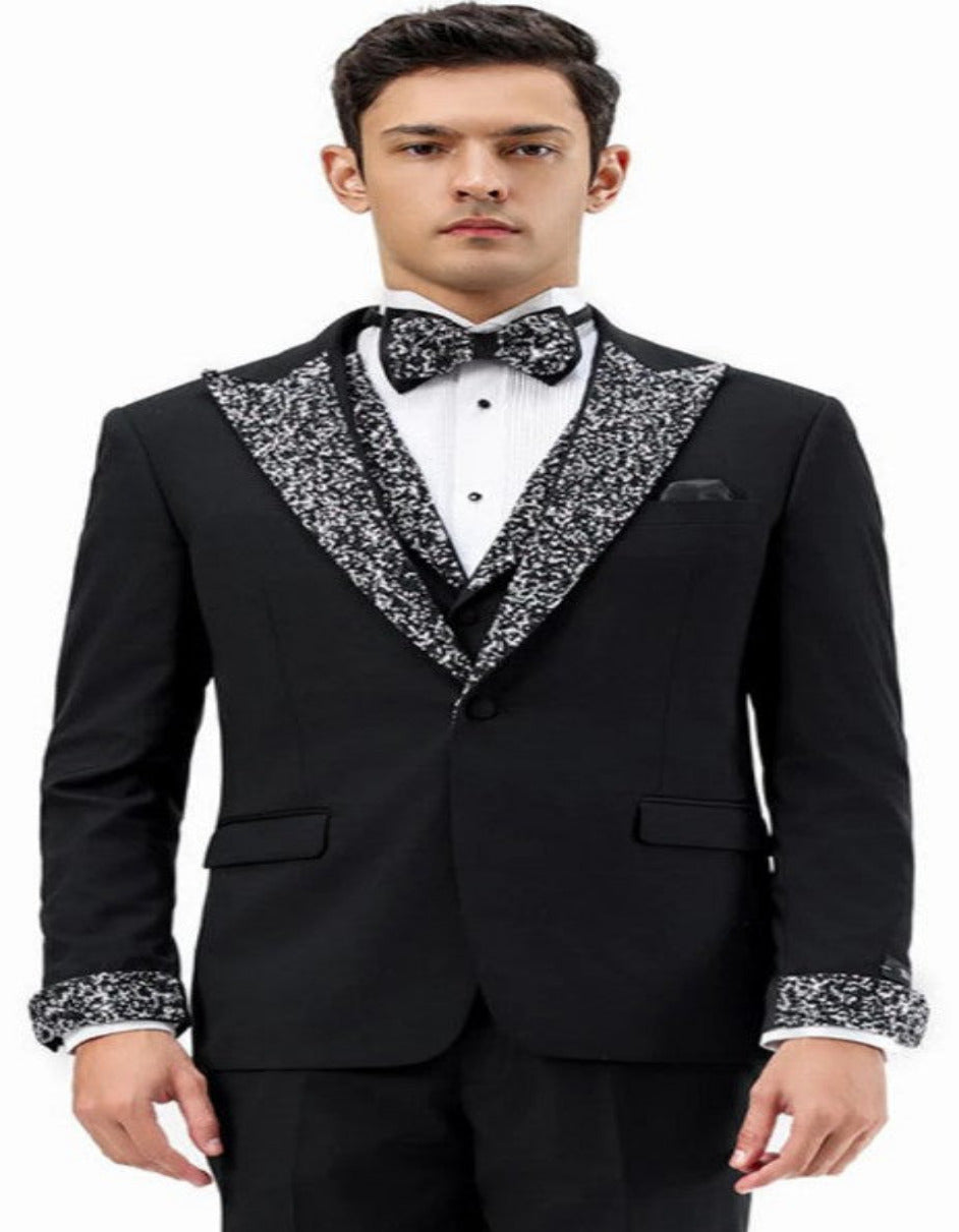 Black Rhinestone Lapel Tuxedo for Men, Single Button Vest, Wedding Suit