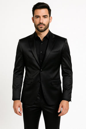 Black Satin Flex Two-Piece Suit  Slim Fit Sport Coat and Matching Pants
