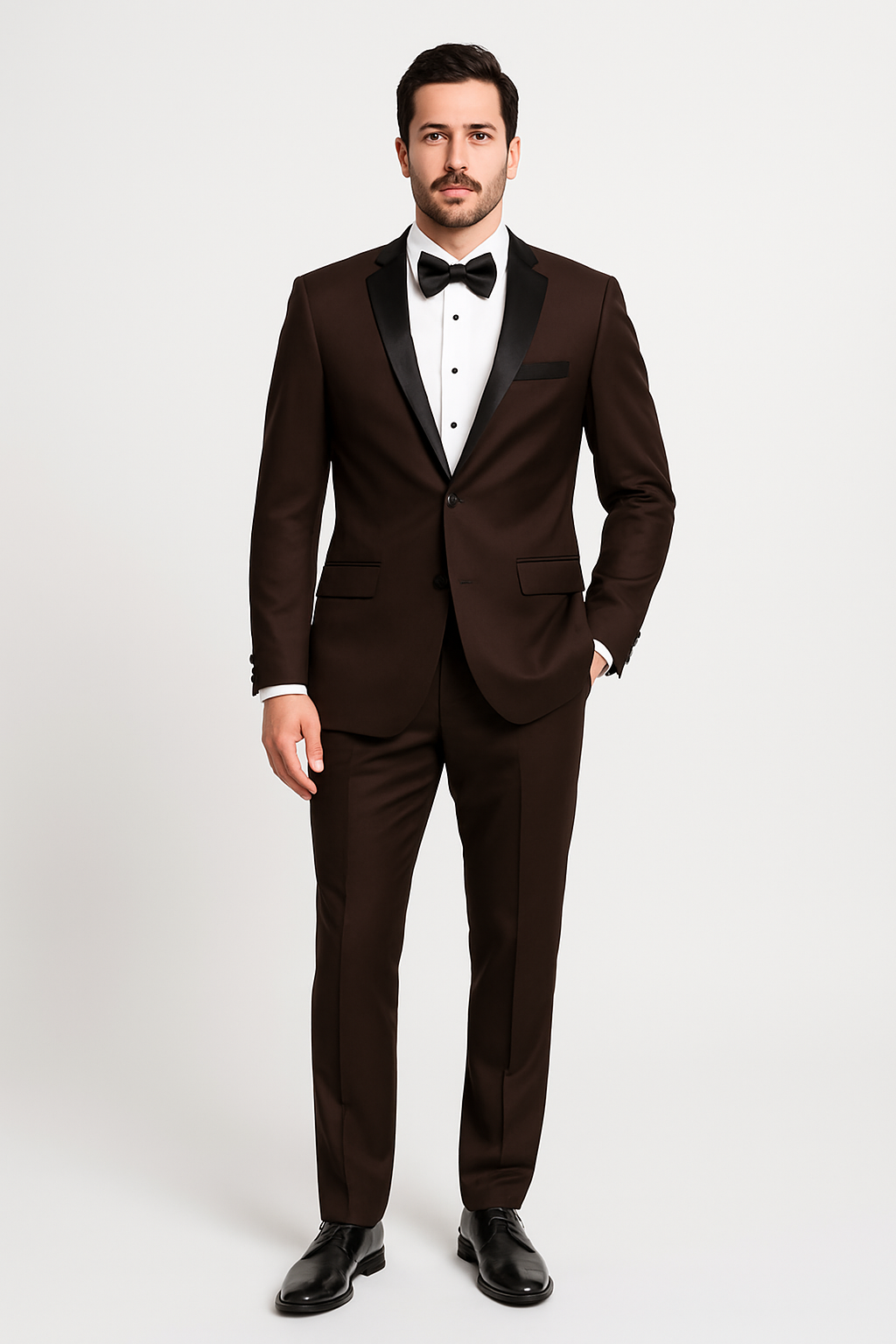 Mens Chocolate Brown Tuxedo with Black Satin Peak Lapel  Formal Wedding and Prom Suit