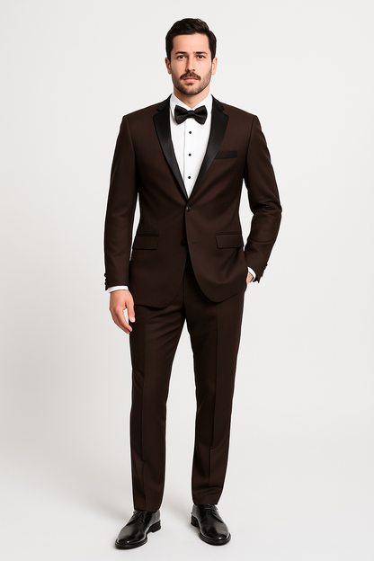 Mens Chocolate Brown Tuxedo with Black Satin Peak Lapel  Formal Wedding and Prom Suit